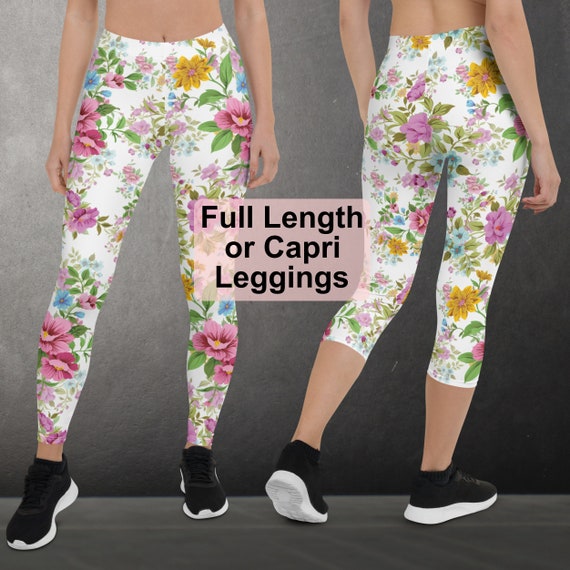 Beautiful Floral Leggings Full Length or Capri, Sizes XS-XL. White Flower Capri  Leggings for Women. P05 