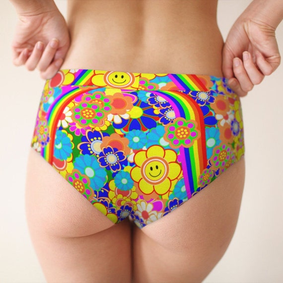 Womens Cheeky Briefs Retro Vintage 1970s Style Flower Power Smiley
