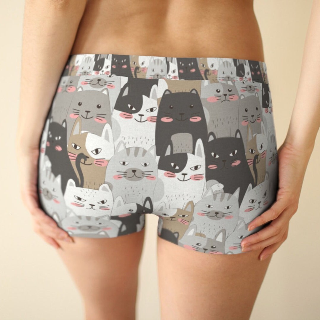 Womens Cute Cat Boyshorts, Cat Print Underwear, Cat Pattern Hipsters