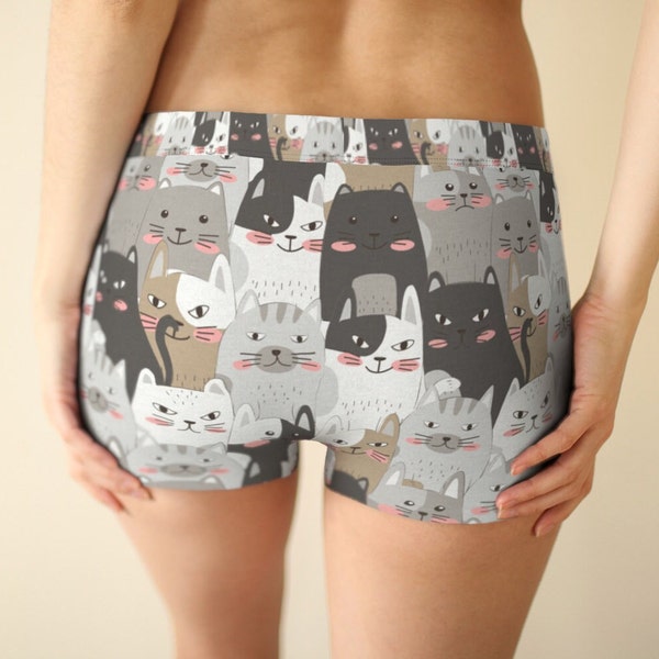 Womens Cute Cat Boyshorts, Cat Print Underwear, Cat Pattern Hipsters Knickers, Cat Lover Gift