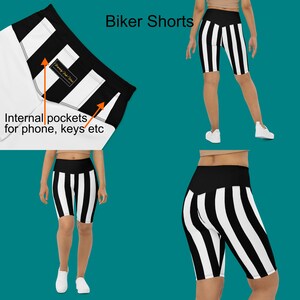 May include: Black and white striped biker shorts with internal pockets. The shorts are shown on a model in three different poses.