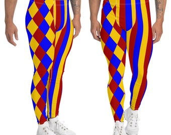 Harlequin Striped Men's Leggings, Mens Circus Carnival Clown Rave Festival Outfit, Primary Colors, Harlequin Costume