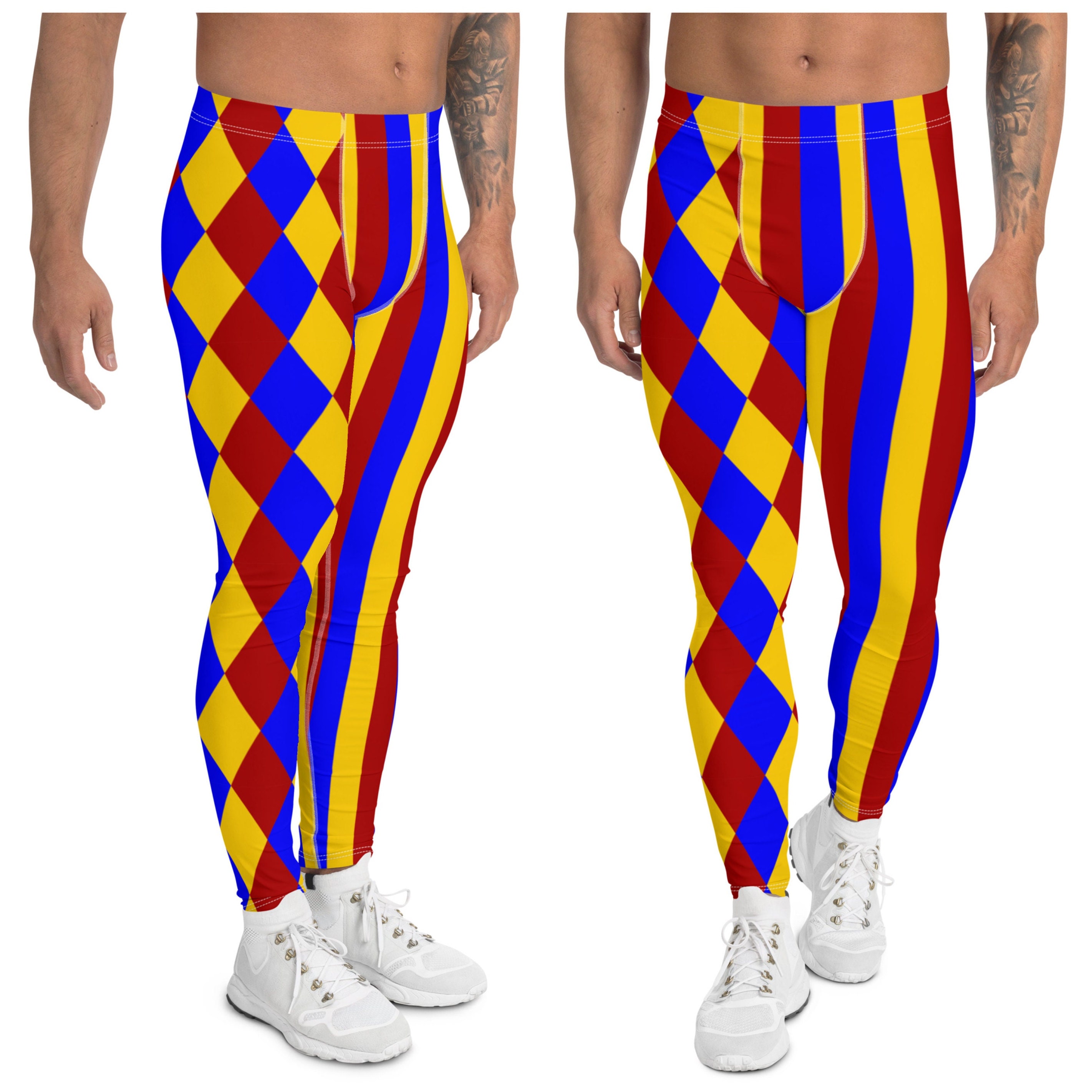 Harlequin Striped Men s Leggings Mens Circus Carnival Clown Rave Festival Outfit Primary Colors Etsy