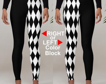 Harlequin Jester Fool Black White Women's Leggings, Left or Right Versions, Sizes XS - XL, Cosplay Costume. Harlequin Costume