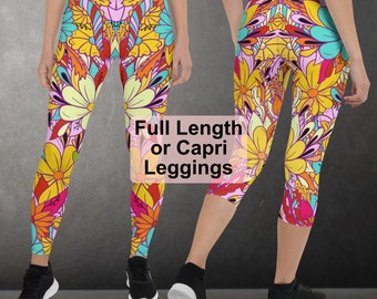 Womens Floral Print Full Length or Capri Leggings, Rave Leggings, Leggings for Women, Floral Leggings, Festival Leggings, Sizes XS-XL