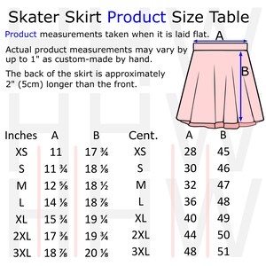 May include: Skater skirt size chart in inches and centimeters. The chart shows measurements for the waist (A) and length (B) of the skirt in XS, S, M, L, XL, 2XL, and 3XL sizes.