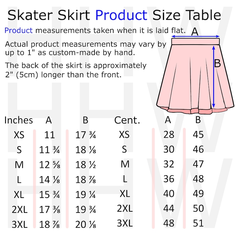 May include: Skater skirt size chart in inches and centimeters. The chart shows measurements for the waist (A) and length (B) of the skirt in XS, S, M, L, XL, 2XL, and 3XL sizes.