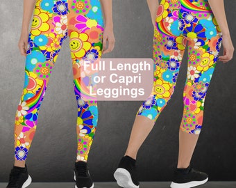 Womens Retro Groovy Flower Leggings, Full Length or Capri Leggings, Cute Floral Festival Capri Leggings, Sizes XS-XL, P02