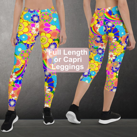 Womens Retro Groovy Flower Leggings, Full Length or Capri Leggings, Cute  Floral Festival Capri Leggings, Sizes XS-XL, P02 