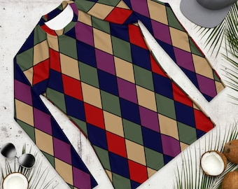 Men's Harlequin Rashguard, Diamond Pattern Rash Guard,Jester Fool Clown Mens Long Sleeved Athletic Top, Costume, Cosplay, +Sizes XS-3XL