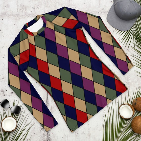 Men's Harlequin Rashguard, Diamond Pattern Rash Guard,Jester Fool Clown Mens Long Sleeved Athletic Top, Costume, Cosplay, +Sizes XS-3XL