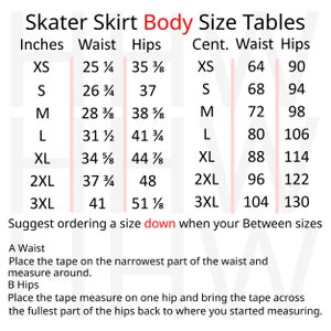 May include: Skater skirt size chart with measurements in inches and centimeters. The chart shows waist and hip measurements for sizes XS to 3XL.
