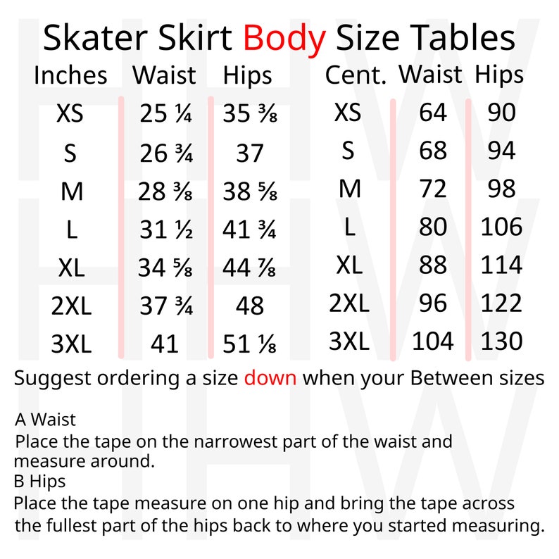 May include: Skater skirt size chart with measurements in inches and centimeters. The chart shows waist and hip measurements for sizes XS to 3XL.