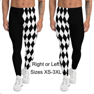 May include: Black and white diamond patterned leggings with one leg black and the other leg with a diamond pattern. The text "Right or Left" and "Sizes XS-3XL" is printed below the leggings.
