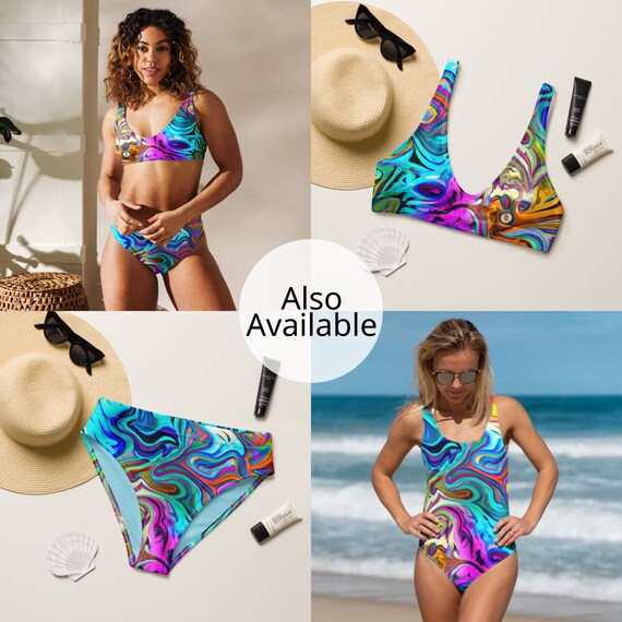 Abstract Blue Trippy Colorful Recycled High Waisted Bikini Set