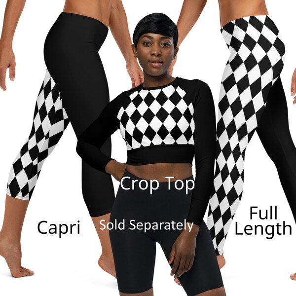 Harlequin Jester Fool Black White Diamond Womens Leggings, Capri Leggings o Top corto de manga larga, disfraz de cosplay.