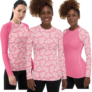 Women&#39;s Floral Rash Guard, White Floral Pink Women&#39;s Rashguard, Pink Color Block Rashguard White Flowers. Sizes XS-3XL, BJJ Jiu-Jitsu Top