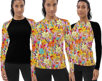Women's Floral Rash Guard Women's Flower Rashguard BJJ Jiu-Jitsu Top Women's Fitness Exercise Water Sports Long Sleeve Top Sizes XS to 3XL