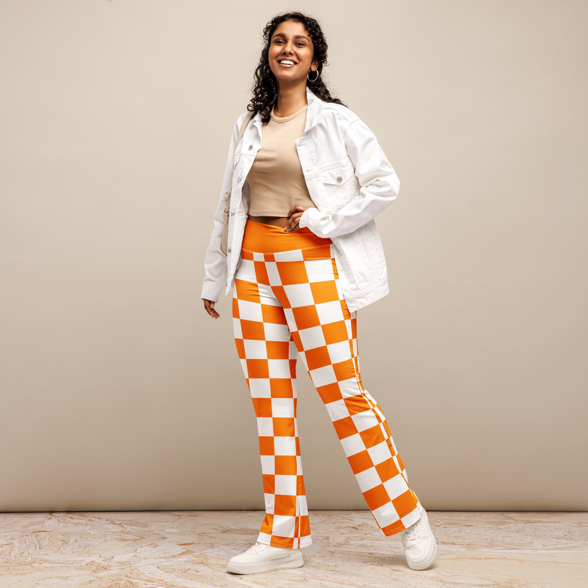 Orange White Check Tennessee Flare Leggings, Sizes 2XS-6XL, Flared