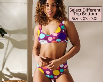 Purple Dot Spot High-Waisted Padded Bikini, Bikini 2 Piece, Purple Bikini Swimsuit, Plus Size Bikini