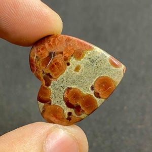 May include: Heart-shaped gemstone with a unique pattern. The stone features a mix of colors, including orange, red, and beige. The surface has a textured appearance with circular and irregular patterns. The gemstone is held between two fingers.