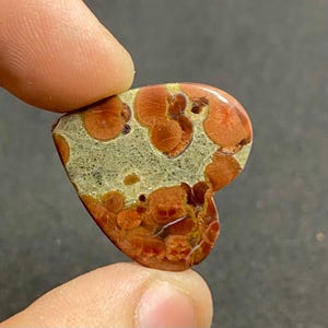 May include: Heart-shaped gemstone with a unique pattern. The stone features a mix of reddish-brown and light green colors, with a speckled design. The gemstone is held between two fingers, showcasing its shape and texture. The stone is approximately 1.5 inches in length.