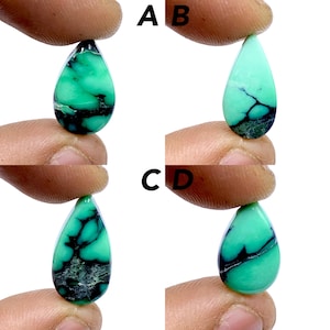 May include: Four teardrop-shaped green and black gemstone cabochons. The stones are held in the fingers of a hand.