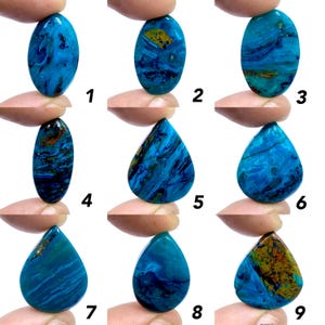 May include: Nine polished gemstones in various shapes, held between fingers. The stones display a vibrant blue color with swirling patterns of darker blue, brown, and gold. Each stone is unique, showcasing natural variations in color and texture.
