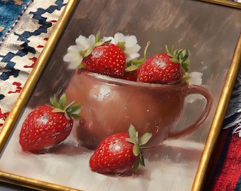 Strawberry Oil Painting Print | Wall Art Poster | Kitchen Decor | Cottagecore | Digital Download | PRINTABLE