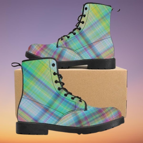 Plaid Green & Pink Womens Boots | Vegan Leather | Tartan Gift for Her