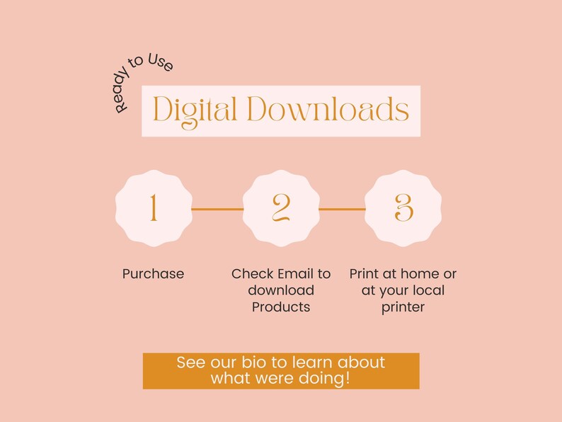 Op de afbeelding: Een grafiek met een roze achtergrond en gouden tekst die het proces van het kopen van digitale downloads uitlegt. De stappen zijn: 1. Kopen, 2. E-mail controleren om producten te downloaden, 3. Thuis of bij uw lokale printer afdrukken. De tekst "Ready to Use" en "Digital Downloads" staat in een cirkel bovenaan de grafiek. De tekst "See our bio to learn about what were doing!" staat in een rechthoek onderaan de grafiek.