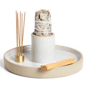 Ceramic Sage Holder for Burning 3-in-1 - Sage Smudge Kit - Incense Holder for Sticks - Palo Santo Holder - White Sage Burner, Altar Supplies