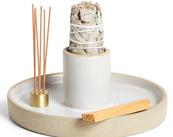 Ceramic Sage Holder for Burning 3-in-1 - Sage Smudge Kit - Incense Holder for Sticks - Palo Santo Holder - White Sage Burner, Altar Supplies