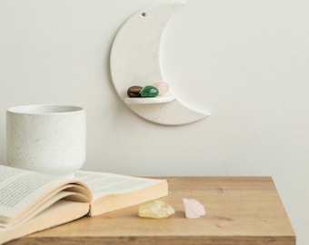Ceramic Crescent Moon Shelf for Wall, Tea Lights and Crystals - Floating Shelf - Tealight Candle Holder, Witchy Cute Room Nursery Decor