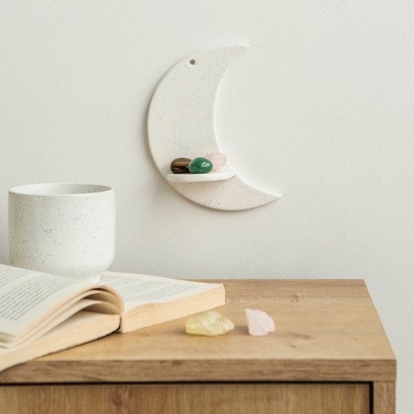 Ceramic Crescent Moon Shelf for Wall, Tea Lights and Crystals - Floating Shelf - Tealight Candle Holder, Witchy Cute Room Nursery Decor