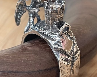 Silver Dragon and Tower Ring - Hand Sculpted One of a Kind