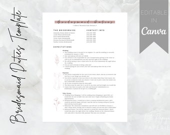 花嫁介添人の義務テンプレート | ダウンロード可能な Canva テンプレート | 編集可能な Canva テンプレート | ウェディング パーティー情報シート