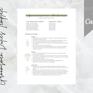 Groomsmen Duties Template | Downloadable Canva Template | Editable Canva Template | Wedding Party Info Sheet