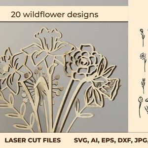 ワイルドフラワーレーザーカット Svg 20 ファイルバンドル商用利用イースターフラワーブーケ svg 結婚式の装飾母の日 DXF EPS Cricut カットファイル