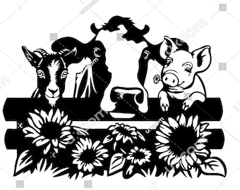 Può includere: Silhouette in bianco e nero di una mucca, una capra e un maiale in piedi dietro una recinzione di legno con girasoli davanti a loro.