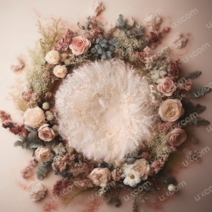 May include: A fluffy white nest made of faux fur is surrounded by a wreath of pink and white flowers, greenery, and dried botanicals. The wreath is arranged in a circle around the nest, creating a beautiful and natural backdrop for a newborn baby photoshoot.