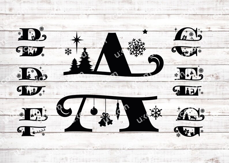 Kerst alfabet SVG 26 gesplitste letters bundel Kerst commerciële print ...
