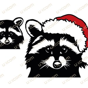 Raton laveur avec chapeau de Père Noël t-shirt de raton laveur de Noël Commercial noir blanc cricut logo vinyle décalcomanies SVG PNG EPS Clipart Vector Cut Cutting File