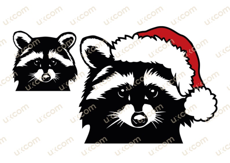 May include: A black and white silhouette of a raccoon wearing a red and white Santa hat. The raccoon is looking directly at the viewer.