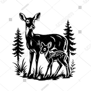 May include: A black and white illustration of a doe and a fawn standing in a grassy area with pine trees. The doe stands tall, while the fawn has white spots. The image has a minimalist, nature-inspired theme.
