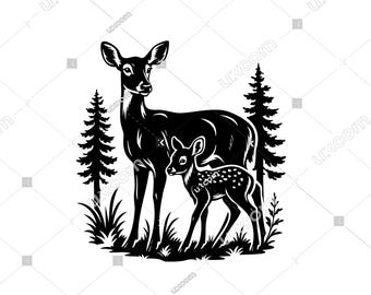 Doe and Fawn SVG Cut File – Cricut Deer, Baby Deer, Cute Forest Animals, T-Shirt and Mug Design, Clipart, Commercial Vinyl Decals Woodland