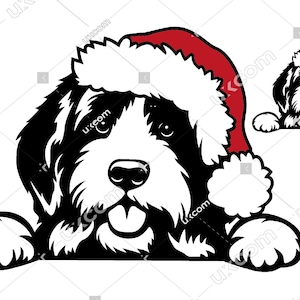May include: Black and white illustration of a dog wearing a Santa hat. The dog is depicted with its paws over a surface, with a smaller version of the dog in the upper right corner. The Santa hat is red with white trim.