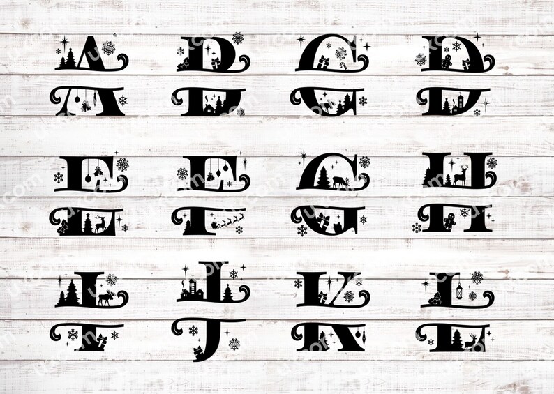 Kerst alfabet SVG 26 gesplitste letters bundel Kerst commerciële print ...