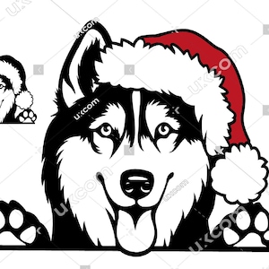 May include: Black and white graphic of a Husky dog wearing a Santa hat. The dog is smiling with its tongue out and paws at the bottom. A smaller version of the image is in the upper left corner. Christmas themed.