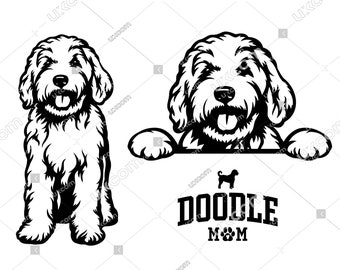 Puede incluir: Ilustración en blanco y negro de un perro caniche miniatura mirando por encima de un cartel que dice "Doodle Mom".